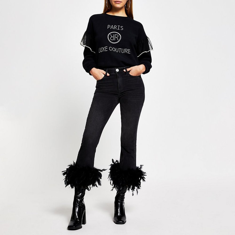 RIVER ISLAND | Black Flare Jeans with Feather Trim